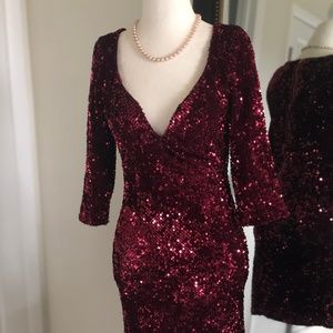 Boohoo Wine Sequin low sweetheart neck dress